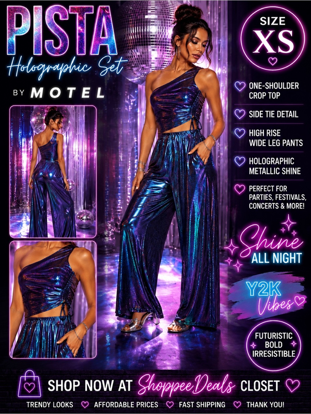 Hotel Holographic Purple One-Shoulder Crop Top & Wide-Leg Pants Two-Piece Set